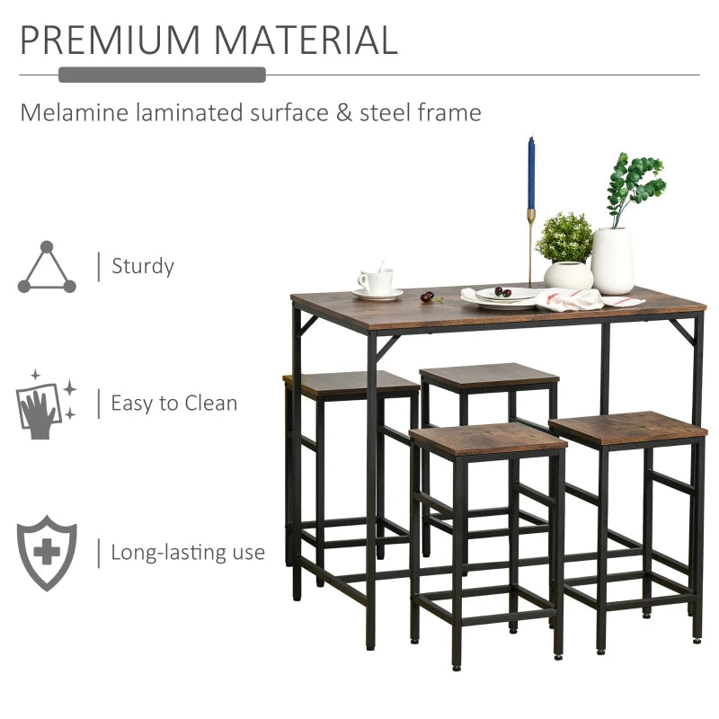 HOMCOM 5 Piece Modern Dining Table and 4 Stools Industrial Dining Set with Footrest & Metal Legs, For Kitchen, Natural Wood