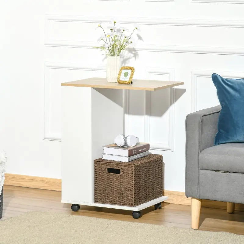 HOMCOM C-Shaped Sofa Side Table Mobile End Table with Storage and Wheels for Living Room, Bedroom, Office, Rustic Brown
