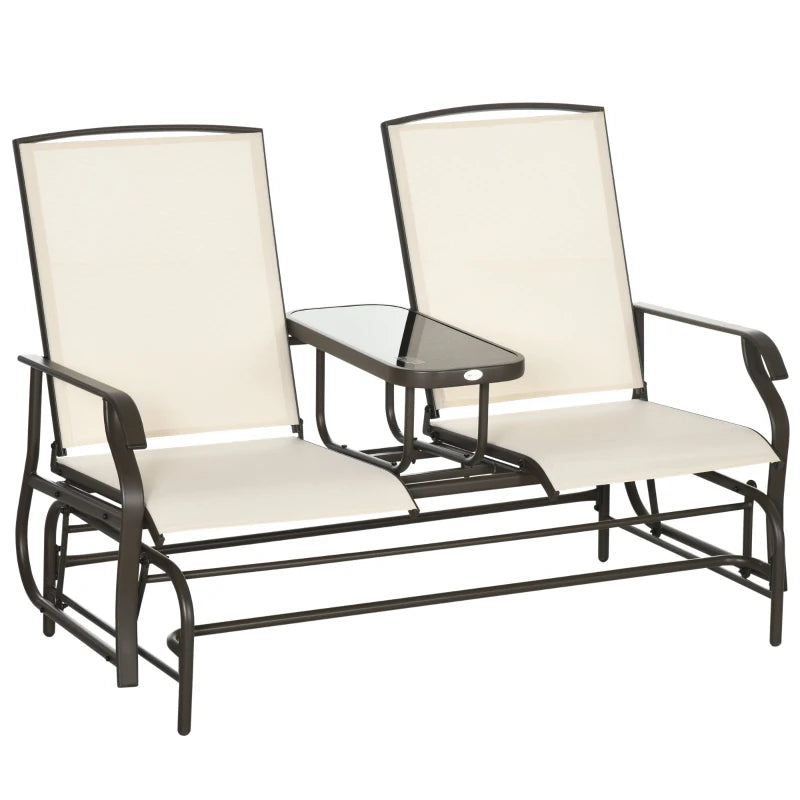 Outsunny Outdoor Glider Bench with Center Table, Metal Frame Patio Loveseat with Breathable Mesh Fabric and Armrests for Backyard Garden Porch, Beige