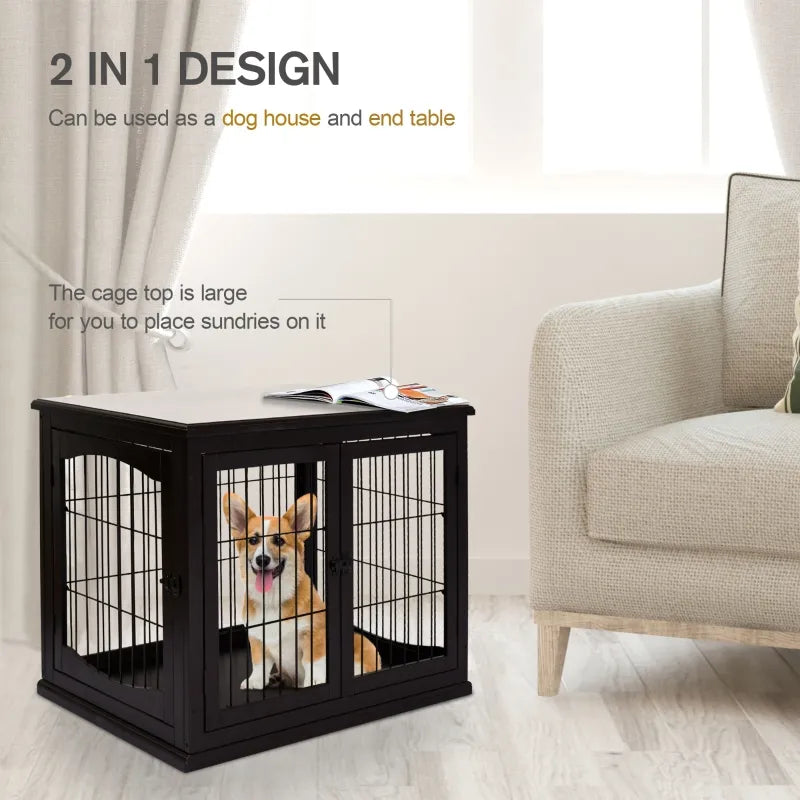 PawHut Dog Crate Furniture, Small Dog Cage End Table with Two Opening Sides, Lockable Door, Puppy Kennel Indoor, Cute and Decorative, Coffee