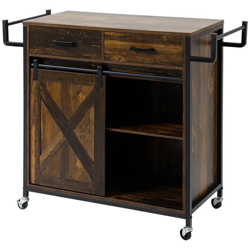 HOMCOM Rustic Farmhouse Kitchen Cart, Rolling Storage Island with Adjustable Shelf, Two Drawers, Sliding Barn Door Cabinet and Towel Rack, Rustic Brown/Black