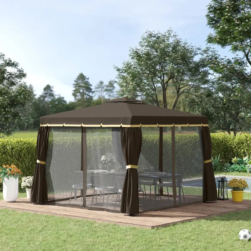 Outsunny 10' x 10' Patio Gazebo, Aluminum Frame Double Roof Outdoor Gazebo Canopy Shelter with Netting & Curtains, for Garden, Lawn, Backyard and Deck, Coffee