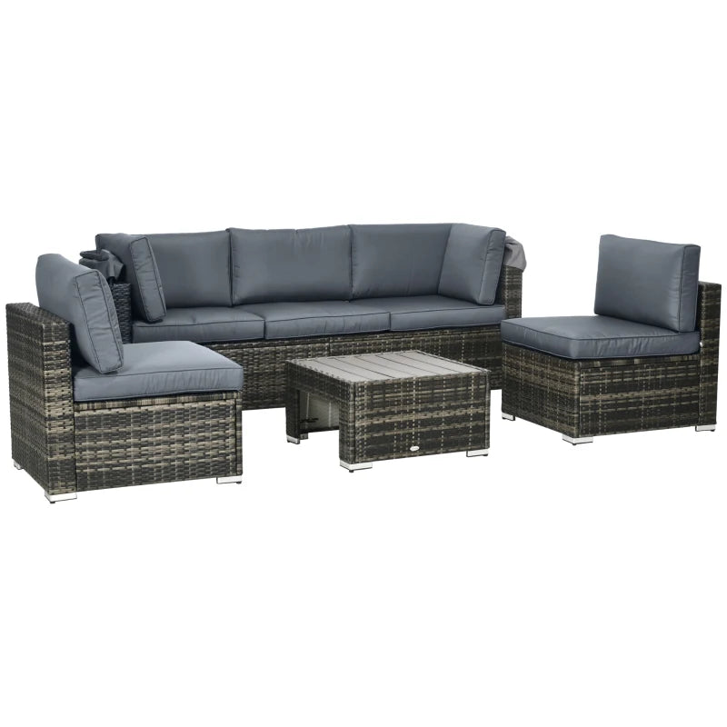 Outsunny 4 Piece Patio Furniture Set with Outdoor Sofa & 2 Chairs, Retractable Canopy, Soft Seat Cushions, Coffee Table, PE Rattan Wicker for Backyard, Porch, Balcony, Gray