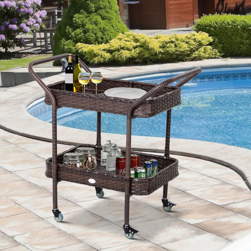 Outsunny Rolling Rattan Wicker Outdoor Kitchen Trolley Serving Cart 2 Tray Shelves