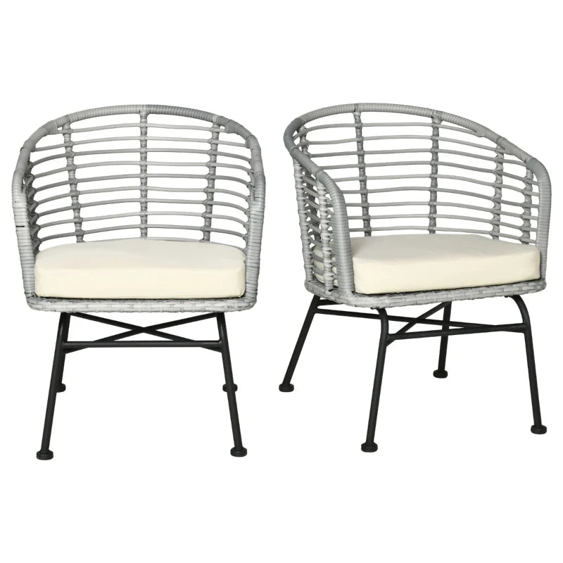 Outsunny 3 Piece Patio Set, Outdoor Bistro Furniture, PE Rattan Wicker Table and Chairs, Cushioned, Hand Woven, Modern Look with Tempered Glass for Garden, Porch, Pool, Backyard, Gray