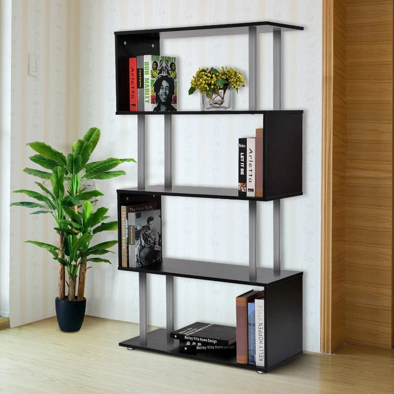 HOMCOM Modern S-Shaped 5 Tier Room Dividing Bookcase Wooden Storage Display Stand Shelf, Black