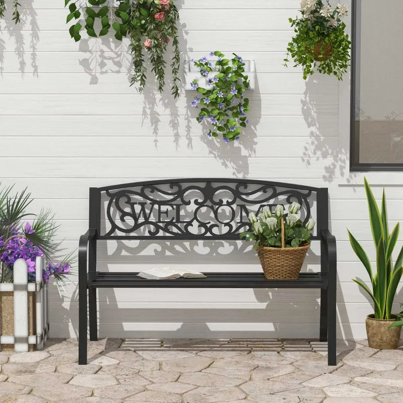 Outsunny Metal Garden Bench, Black Outdoor Bench for 2 People, Park-Style Patio Seating Decor with Armrests & Backrest, Black