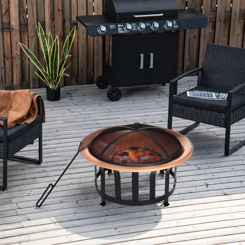 Outsunny 35" Outdoor Fire Pit Wood Burning Black Rustic Cauldron Style Steel Bowl with Log Poker and Mesh Screen Lid for Safety