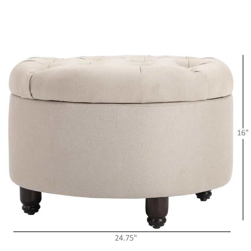 HOMCOM Round Linen-touch Fabric Storage Stool Ottoman Button Tufted Footrest with Removable Lid, Beige