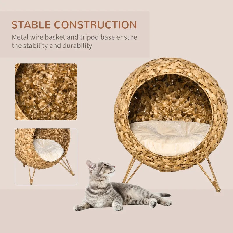 PawHut 20.5" Rattan Cat Bed, Elevated Wicker Kitten House Round Condo with Cushion, Natural