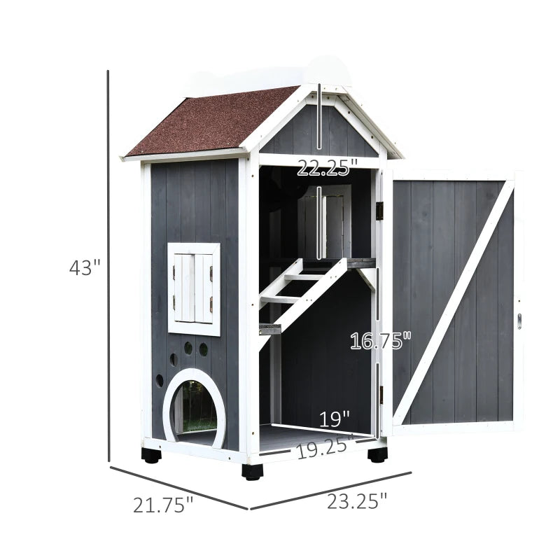 PawHut Outdoor Solid Wood 2-Floor Cat Condo Pet House Kitten Shelter with Window - Gray