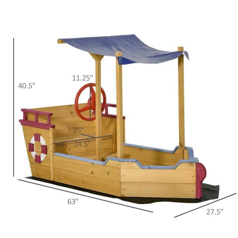 Outsunny Kids Wooden Sandbox Foldable Design, w/ Canopy, Seats, Flag, Aged 3-8 Years Old