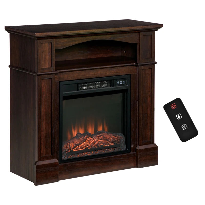HOMCOM 32" Electric Fireplace with Mantel, Freestanding Heater with LED Log Flame, Shelf and Remote Control, 1400W, Brown