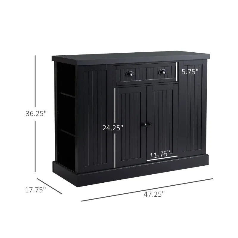 HOMCOM Fluted-Style Wooden Kitchen Island, Storage Cabinet with Drawer, Open Shelving, and Interior Shelving for Dining Room, Black