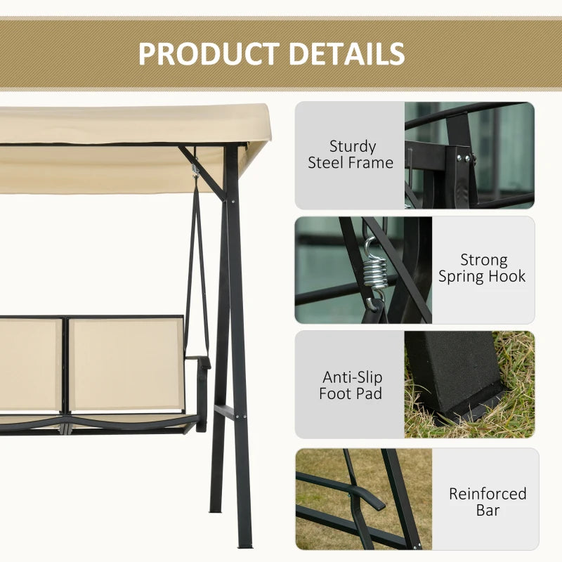 Outsunny 2-Person Patio Swings with Canopy, Outdoor Canopy Swing with Adjustable Shade, Breathable Mesh Seats and  Steel Frame for Garden, Poolside, Backyard, Beige