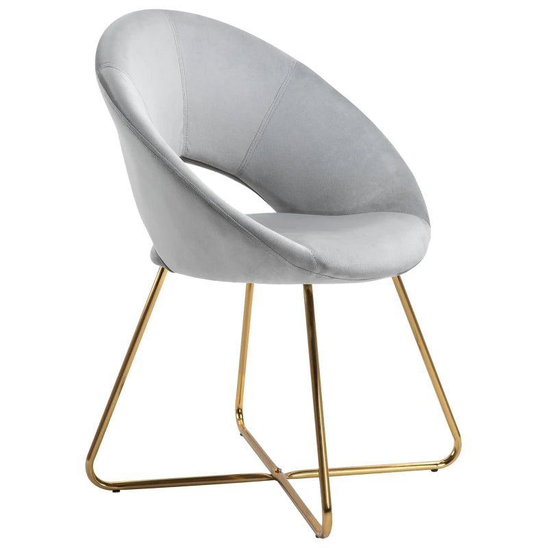 HOMCOM Modern Accent Velvet Chair Open Curved Mid-Back Upholstered Vanity Chair with Gold Plating Metal Legs for Living Room/Office/Reception, Grey