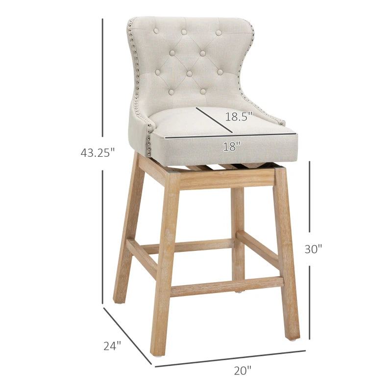 HOMCOM Upholstered Fabric Bar Height Bar Stools, 180° Swivel Nailhead-Trim Pub Chairs, 30" Seat Height with Rubber Wood Legs, Set of 4, Cream