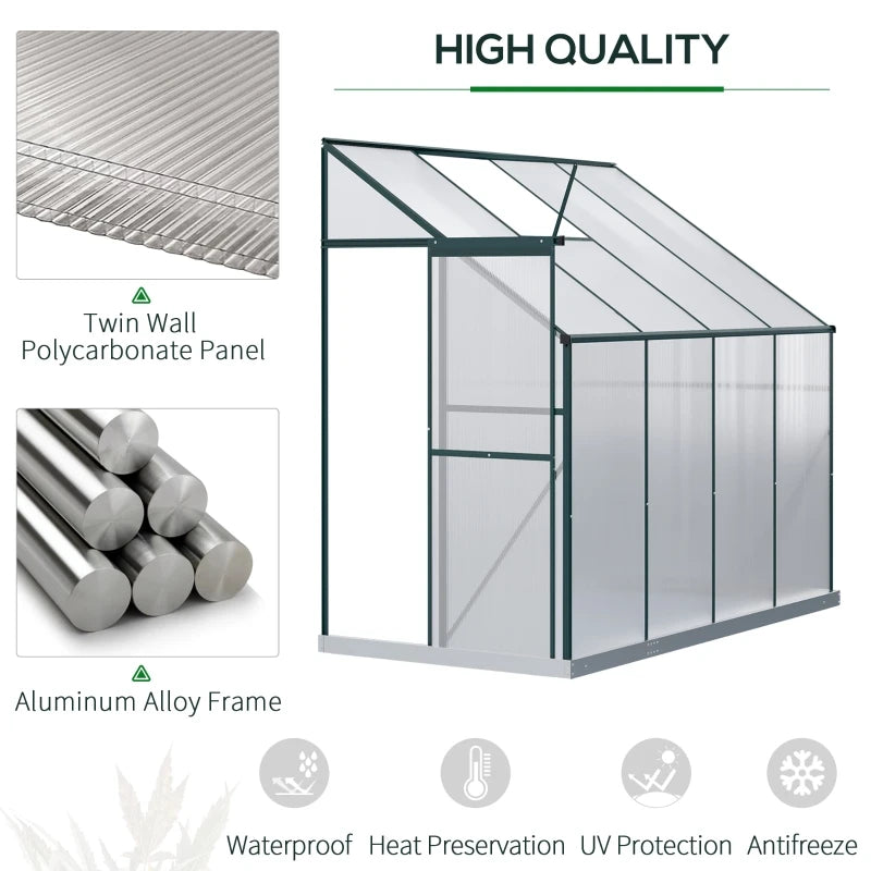 Outsunny 6' x 4' x 7' Hobby Greenhouse, Walk-in Lean-To Polycarbonate Hot House Kit with Aluminum Frame, Sliding Door, Roof Vent, Green