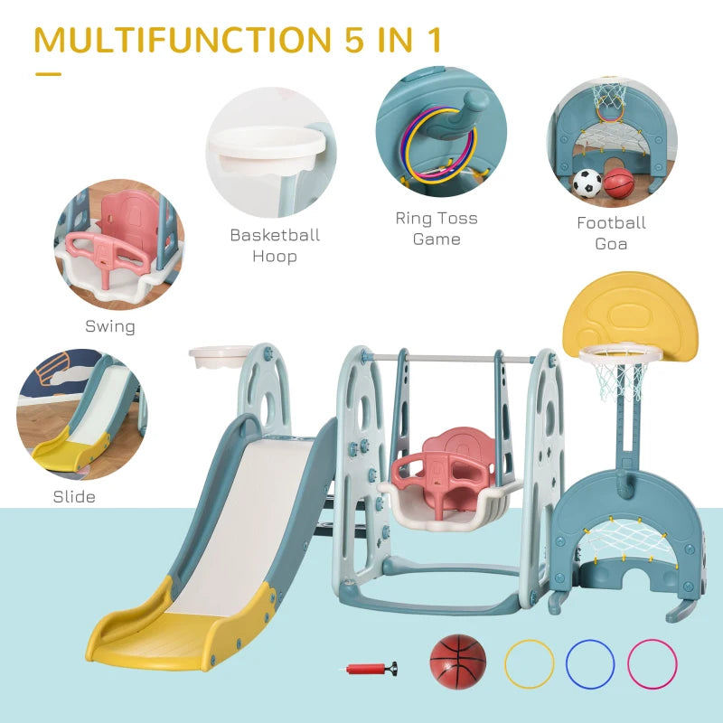 Qaba Multi-Activity Extra Safe Baby Slide and Swing Set for Toddlers with Basketball Hoop, 5-in-1 Toddler Playset Backyard Toy