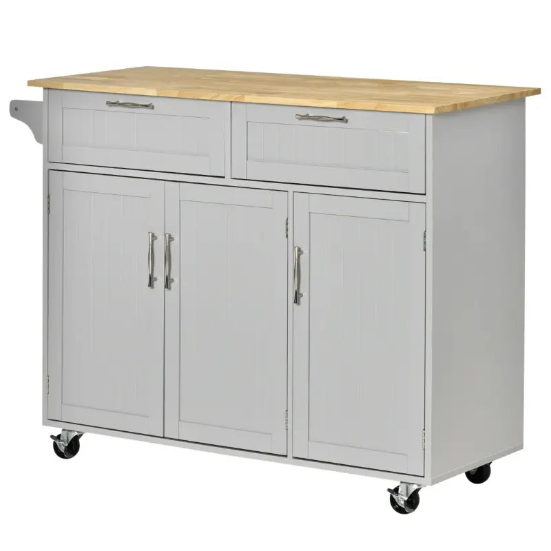 HOMCOM 48" Modern Kitchen Island Cart on Wheels with Storage Drawers, Rolling Utility Cart with Adjustable Shelves, Cabinets and Towel Rack, Grey