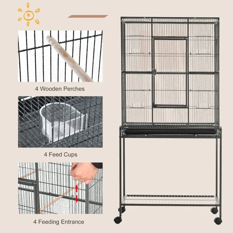 PawHut Rolling 65"L Bird Cage w/ Storage Shelf Wood Perch Food Container