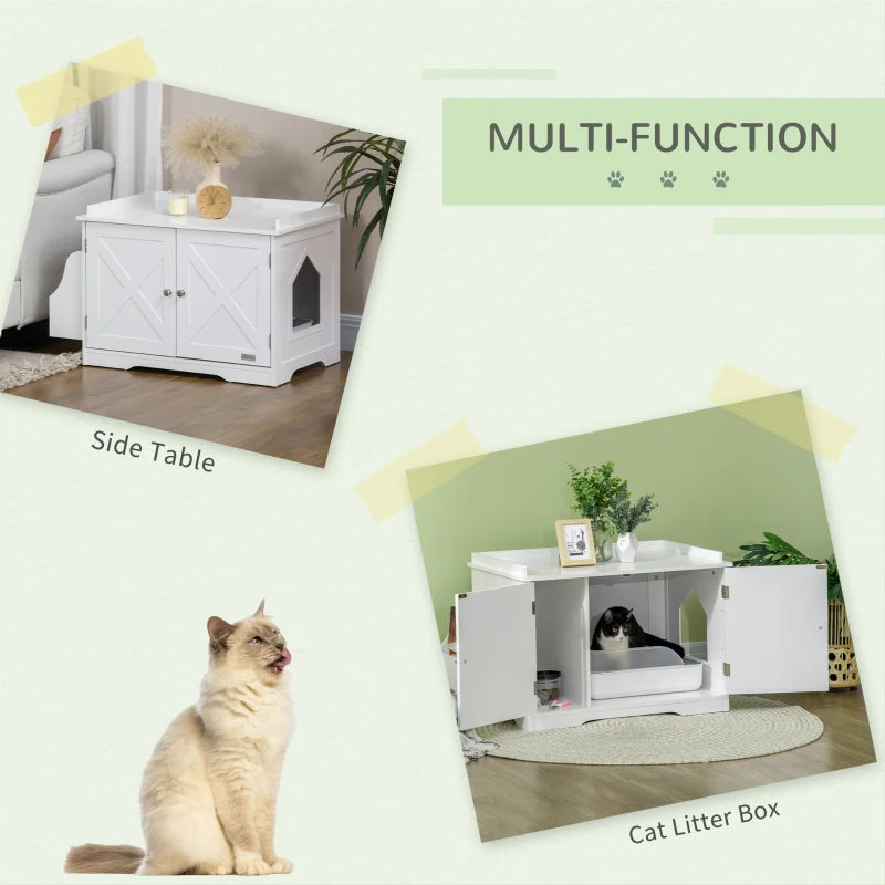 PawHut Hidden Litter Box Enclosure Furniture with Storage, Adjustable Divider, Indoor Pet House Side Table, Grey