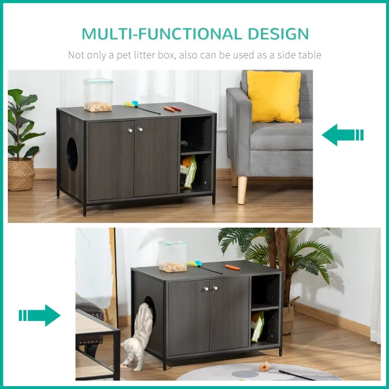 PawHut Wooden Cat Litter Box Enclosure End Table with 2 Magnetic Doors, Wide Tabletop