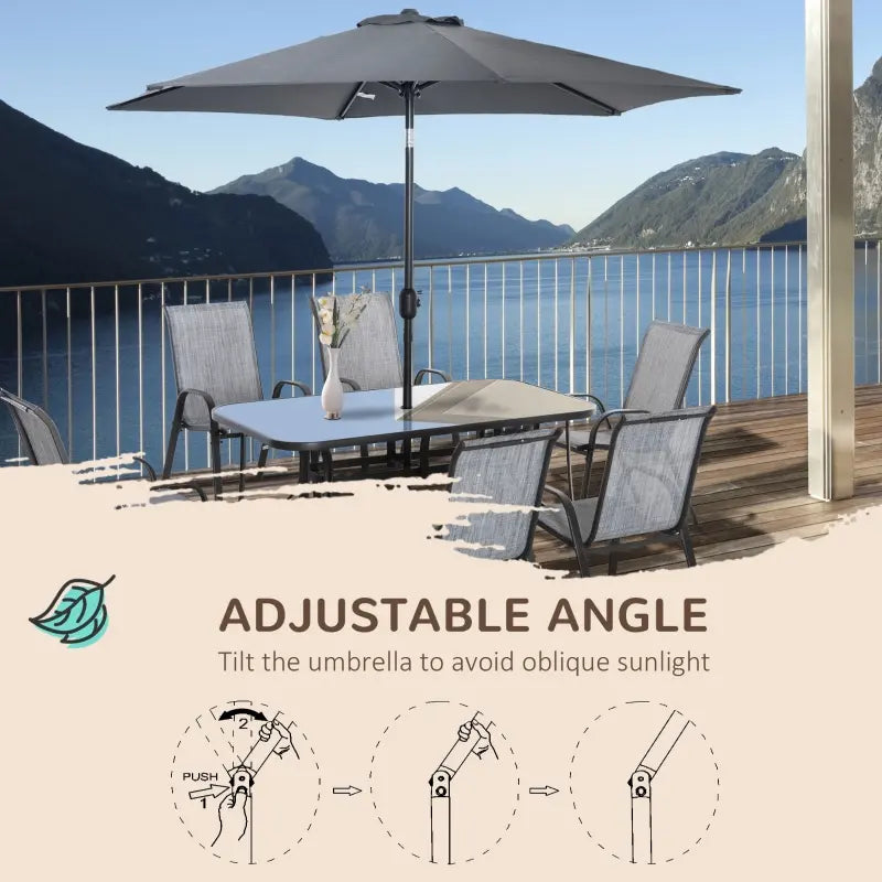 Outsunny 7 Pieces Patio Furniture Set with 9Ft Patio Umbrella, Outdoor Dining Table and Chairs, 6 Chairs, Push Button Tilt and Crank Parasol, Tempered Glass Top, Gray