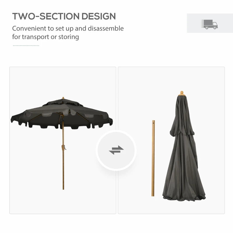 Outsunny 9' Patio Umbrella with Push Button Tilt and Crank, Double Top Ruffled Outdoor Market Table Umbrella with 8 Ribs, for Garden, Deck, Pool, Dark Grey