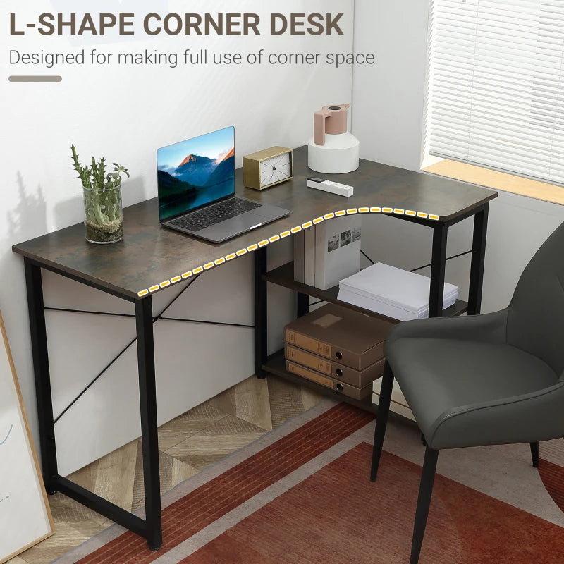 HOMCOM L-Shaped Computer Corner Desk with Storage Cabinet, Adjustable Shelf, Large Tabletop and Black Steel Frame, Brown