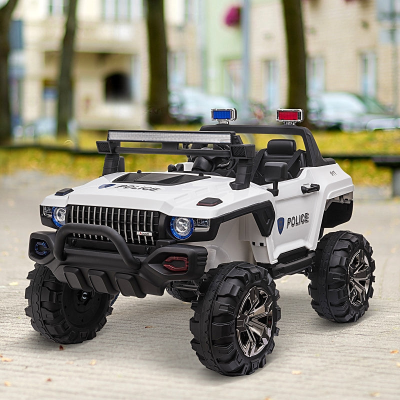 ShopEZ USA 12V Police Car Ride-on Truck with Remote Control & Siren, 2-Seater Battery-Operated Electric Car for Kids with Music, Electric Ride-on Toy with Horn, White