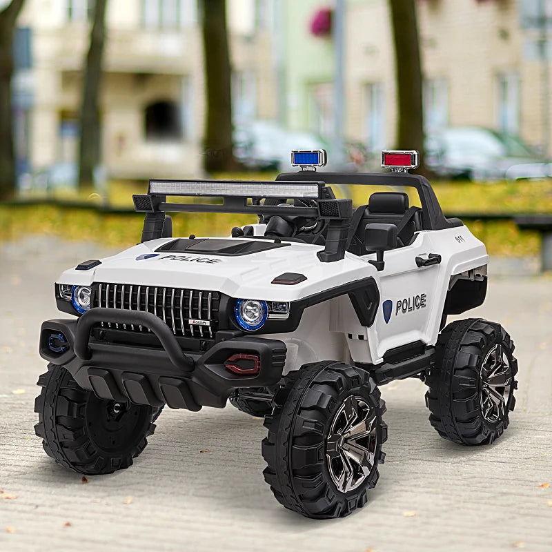 ShopEZ USA 12V Police Car Ride-on Truck with Remote Control & Siren, 2-Seater Battery-Operated Electric Car for Kids with Music, Electric Ride-on Toy with Horn, White