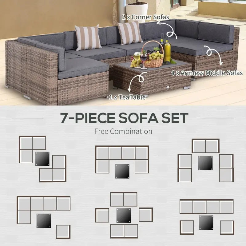 Outsunny 7 Piece Outdoor Patio Furniture Set, PE Rattan Wicker Sectional Sofa Patio Conversation Sets with Couch Cushions, Throw Pillows and Slat Coffee Table, Stripe, Gray