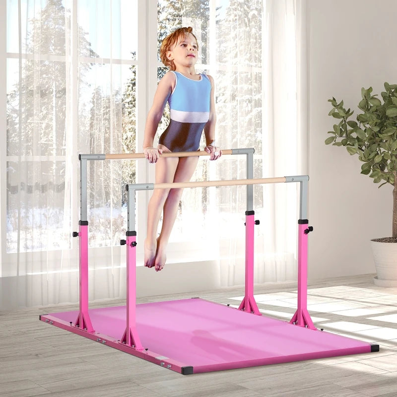 Qaba Double Horizontal Bars, Junior Gymnastic Training Parallel Bars with Double-locking System, 13-level Adjustable Heights, 3-level Adjustable Width, Pink