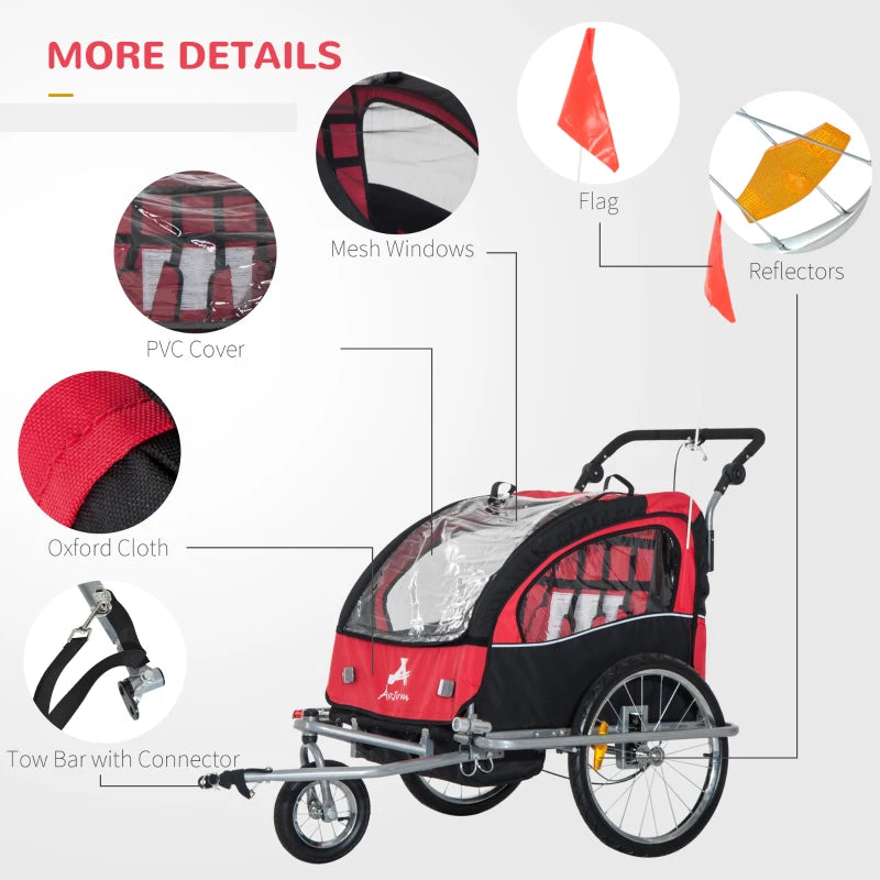 ShopEZ USA Elite 360 Swivel Bike Trailer for Kids Double Child Two-Wheel Bicycle Cargo Trailer With 2 Security Harnesses, Red