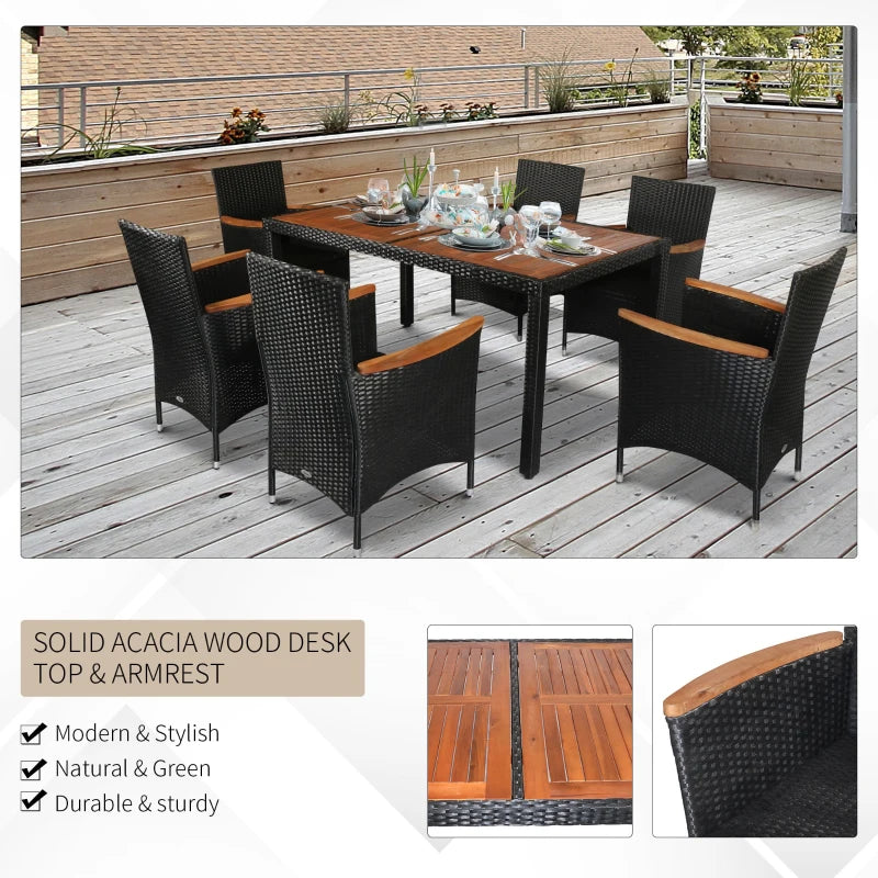 Outsunny 9 PCS Patio Dining Set Rattan Wicker Furniture Set with Acacia Wood Table Top, Stackable Armrest Chairs with Water-Proof Cushion