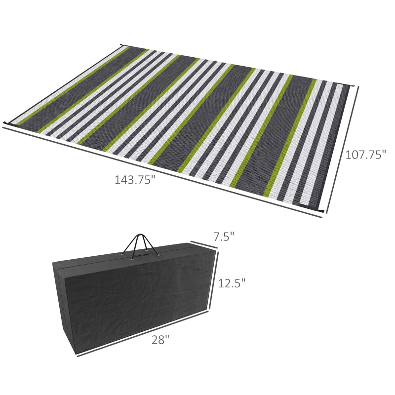 Outsunny Reversible Outdoor Rug Carpet, 9' x 12' Waterproof Plastic Straw Rug, Portable RV Camping Rugs with Carry Bag, Large Floor Mat for Backyard, Deck, Picnic, Beach, Green & Gray Striped