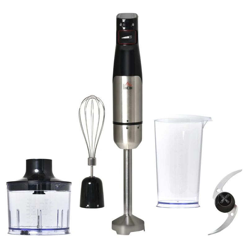 HOMCOM Immersion Hand Blender, 400W 4-in-1 Handheld Stick Blender with Adjustable Speed, 500ml Chopper, Egg Whisk, 800ml Measuring Cup, and Stainless Steel Blades, Silver / Black