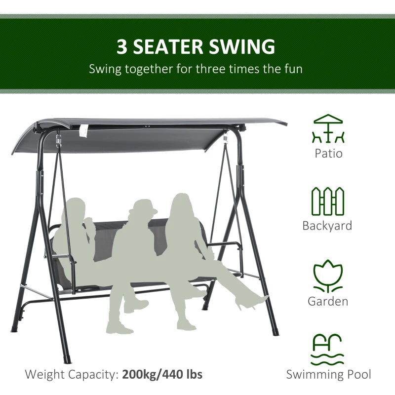 Outsunny Outdoor Patio Swing Chair, Seats 3 Adults, Includes Stand, Adjustable Sun Shade Canopy, Steel Frame, Shaded Bench, Black