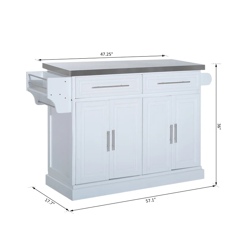 HOMCOM Rolling Kitchen Island with Storage, Portable Kitchen Cart with Stainless Steel Top, 2 Drawers, Spice, and Towel Rack and Cabinets, White