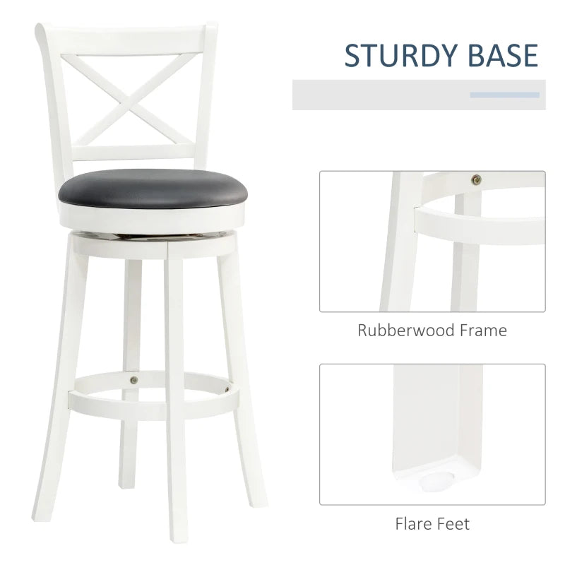 HOMCOM Traditional Bar Stool, 31 Inch Seat Height Barstool, Swivel PU Leather Upholstered Chair, with Cross Back and Rubberwood Frame, Set of 2, Cream White
