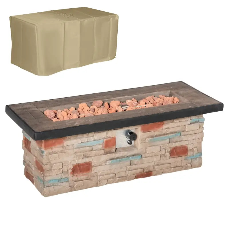 Outsunny 32 Inch Outdoor Propane Gas Fire Pit Table, 50,000 BTU Auto-Ignition Square Faux Ledge Stone Gas Firepit with Lava Rocks and Rain Cover, CSA Certification, Brown