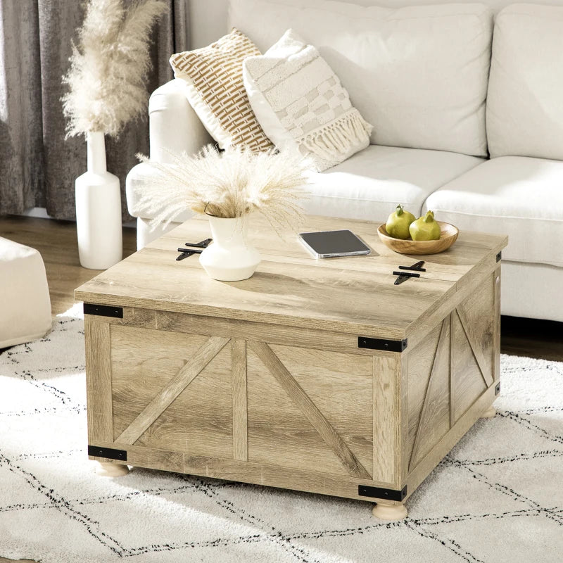 HOMCOM Farmhouse Coffee Table with Storage, Large Square Coffee Table for Living Room Furniture, Wooden Center Table-1