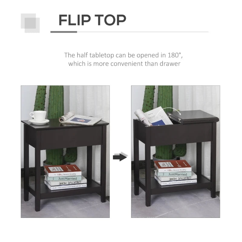 HOMCOM End Side Table, Flip Top Design with Storage Hinge Cabinet, Bottom Shelf, and Sturdy Base for Living Room Bedroom, Dark Coffee
