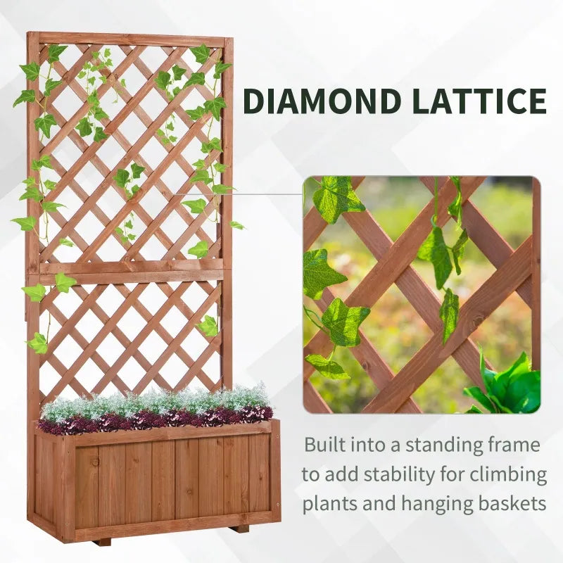 Outsunny Wooden Raised Garden Bed with Trellis, Outdoor Freestanding Planting Planter Box for Climbing Vine Plants Flowers, 24" x 12" x 49"