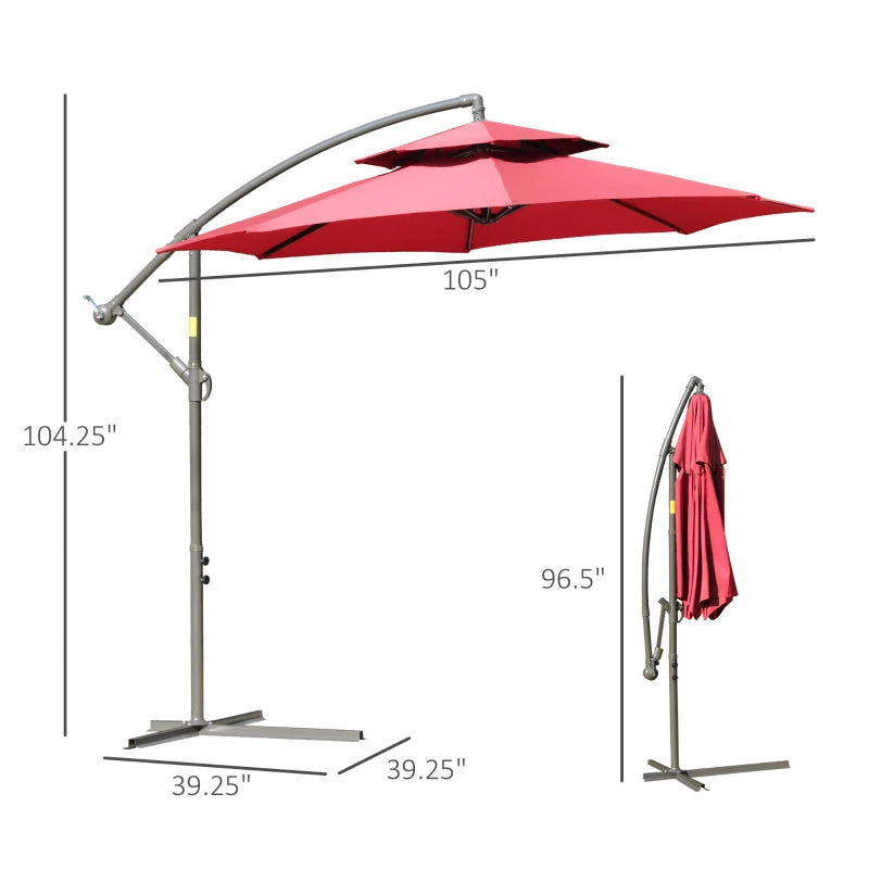 Outsunny 9' 2-Tier Cantilever Umbrella with Crank Handle, Cross Base and 8 Ribs, Garden Patio Offset Umbrella for Backyard, Poolside, and Lawn, Red
