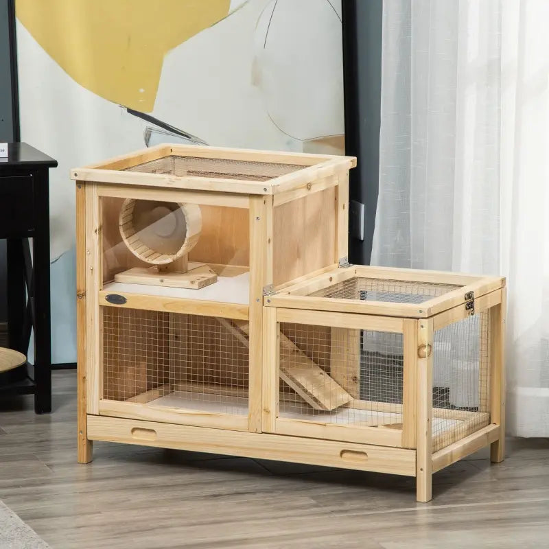PawHut 2-Tier Wooden Hamster Cage, Small Animals Hutch, w/ Seesaw, Tray