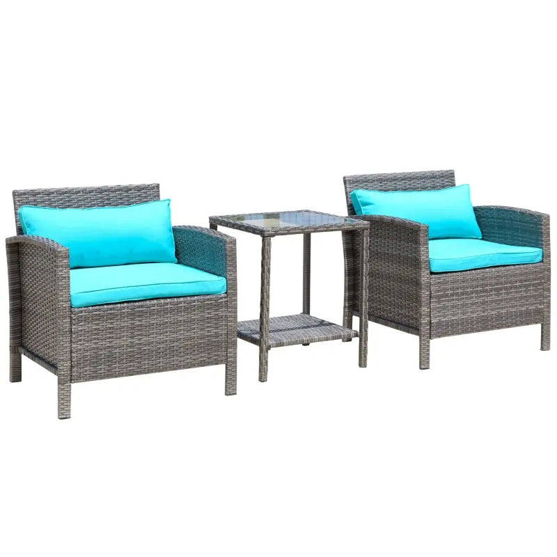 Outsunny 3 Piece Patio Furniture Set, PE Rattan Wicker Table, And Chairs, Conversation Set w/ Washable Cushion and Tempered Glass Tabletop for Outdoor Garden, Royal Blue
