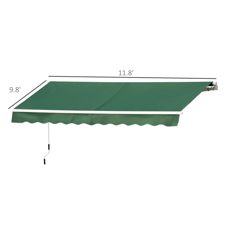 Outsunny 12' x 10' Retractable Awning Patio Awnings Sun Shade Shelter with Manual Crank Handle, 280g/m² UV & Water-Resistant Fabric and Aluminum Frame for Deck, Balcony, Yard, Green and White