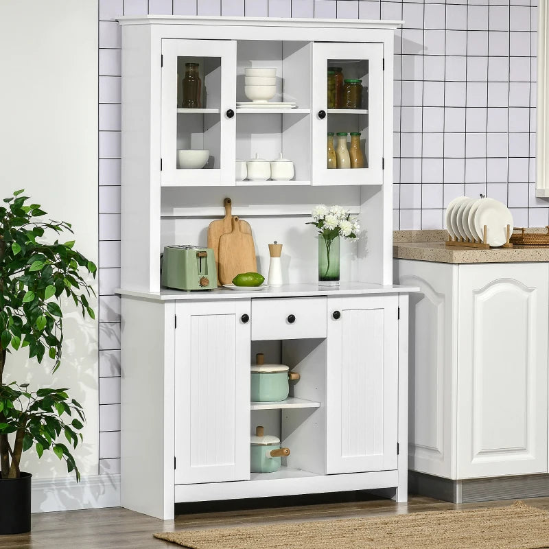 HOMCOM Freestanding Rustic Buffet with Hutch, 4 Door Farmhouse Kitchen Pantry Cabinet, Microwave Stand with Beadboard Panel, Drawer and Adjustable Shelves, White